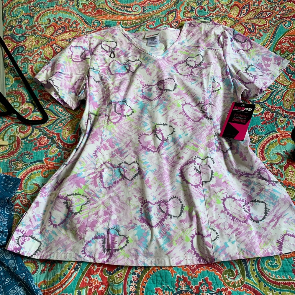 NWT Large ScrubStar Tie-Dye Heart Scrub Top